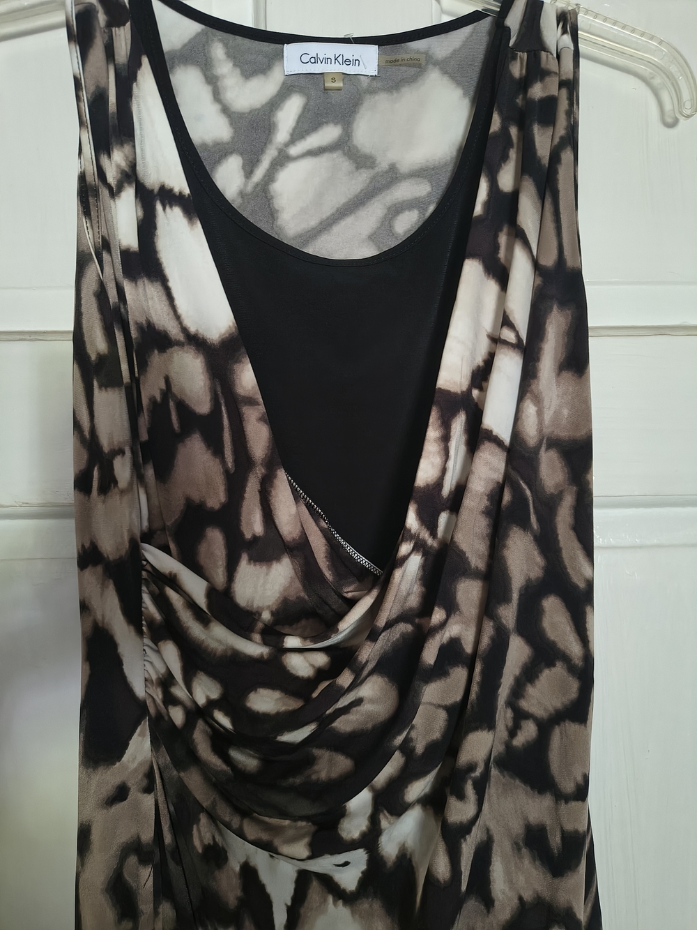 Calvin Klein Strapless Drape Dress in Black and Cream Tie-Dye